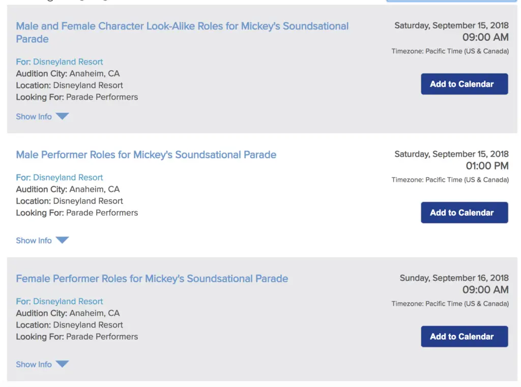 Mickey's Soundsational Parade Audition Listing