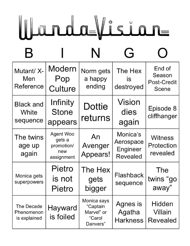 The Completely Original and Unofficial WandaVision Bingo Game! ~ Daps Magic