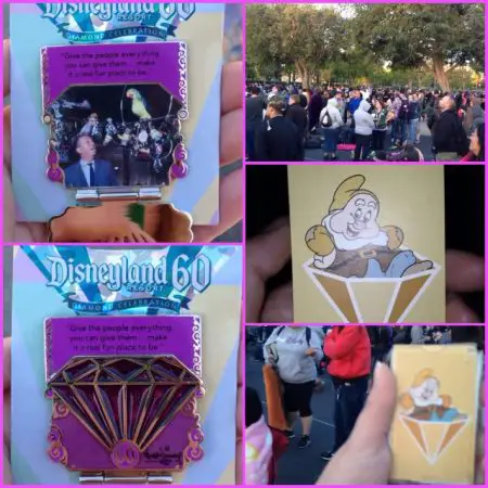 On this glorious windy day, the fourth pin of the 60th Anniversary Countdown Series was released. The purple diamond pin is 4 of 7 in the set and limited edition 3000. Guests lined up early in the Downtown Disney Parking lot in hopes of obtaining the pin. Those that were placed in line were handed a card with one of the dwarfs from Snow White. Several colored cards were issued as the line began to grow. Once wristband distribution began at 7 a.m., guests traded in their card for a wristband. From there, there were three options of wristbands, one for each store with the purple diamond pin. The only stores on resort property that sell this pin are Trolley Treats in DCA, Store Command in DL and Pin Traders in DTD. Though it was a windy and cold morning, many showed up including DAPs Magic writer @amanda_alva and friend @skmayor. The event was more organized that the last diamond pin release. Things ran smooth and efficient!! Upon exiting, it appeared that no more wristbands would be distributed except to those with a colored card containing a dwarf. The next diamond pin to be released is the yellow pin on May 14. #disneyland60 #disneypins #disneylandresort #diamondpin #pins #pintrading