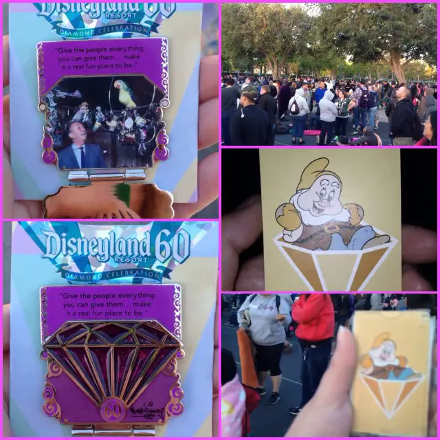 On this glorious windy day, the fourth pin of the 60th Anniversary Countdown Series was released. The purple diamond pin is 4 of 7 in the set and limited edition 3000. Guests lined up early in the Downtown Disney Parking lot in hopes of obtaining the pin. Those that were placed in line were handed a card with one of the dwarfs from Snow White. Several colored cards were issued as the line began to grow. Once wristband distribution began at 7 a.m., guests traded in their card for a wristband. From there, there were three options of wristbands, one for each store with the purple diamond pin. The only stores on resort property that sell this pin are Trolley Treats in DCA, Store Command in DL and Pin Traders in DTD. Though it was a windy and cold morning, many showed up including DAPs Magic writer @amanda_alva and friend @skmayor. The event was more organized that the last diamond pin release. Things ran smooth and efficient!! Upon exiting, it appeared that no more wristbands would be distributed except to those with a colored card containing a dwarf. The next diamond pin to be released is the yellow pin on May 14. #disneyland60 #disneypins #disneylandresort #diamondpin #pins #pintrading