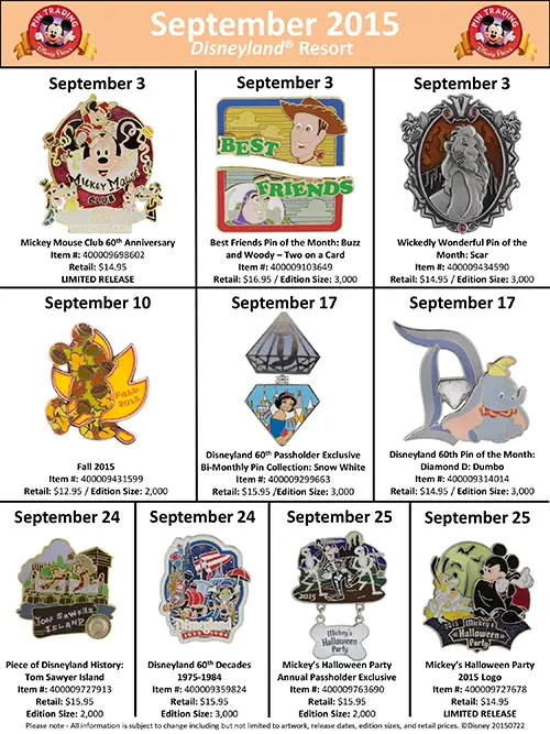 List of Pins to be Released in Disney Parks This September