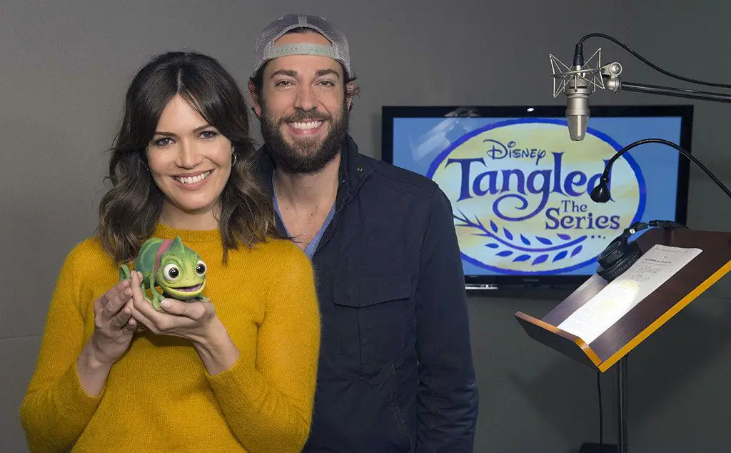 TANGLED - Mandy Moore and Zachary Levi were greeted by a special visitor, Pascal (Rapunzel's pet chameleon) in the form of an Audio-Animatronics character created by Walt Disney Imagineering, at a voice recording session for Disney's upcoming "Tangled: The Series" in Burbank, California on October 4, 2016.  The animated TV series is slated to debut on Disney Channel in 2017. (Disney Channel/Matt Petit) MANDY MOORE, ZACHARY LEVI