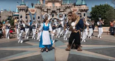 Beauty and the Beast Join Disneyland Band in Front of Sleeping Beauty Castle