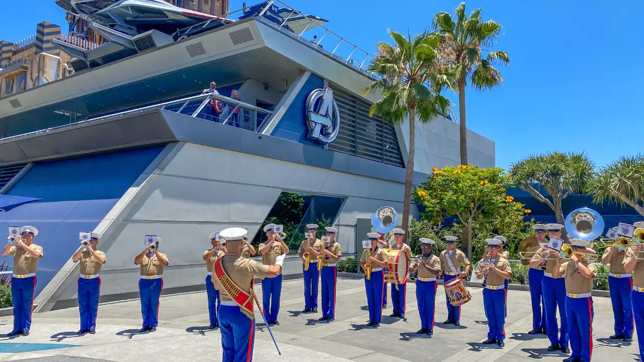 1st Marine Division Band Joins Captain America and Captain Marvel in Avengers Campus to Celebrate the 4th of July