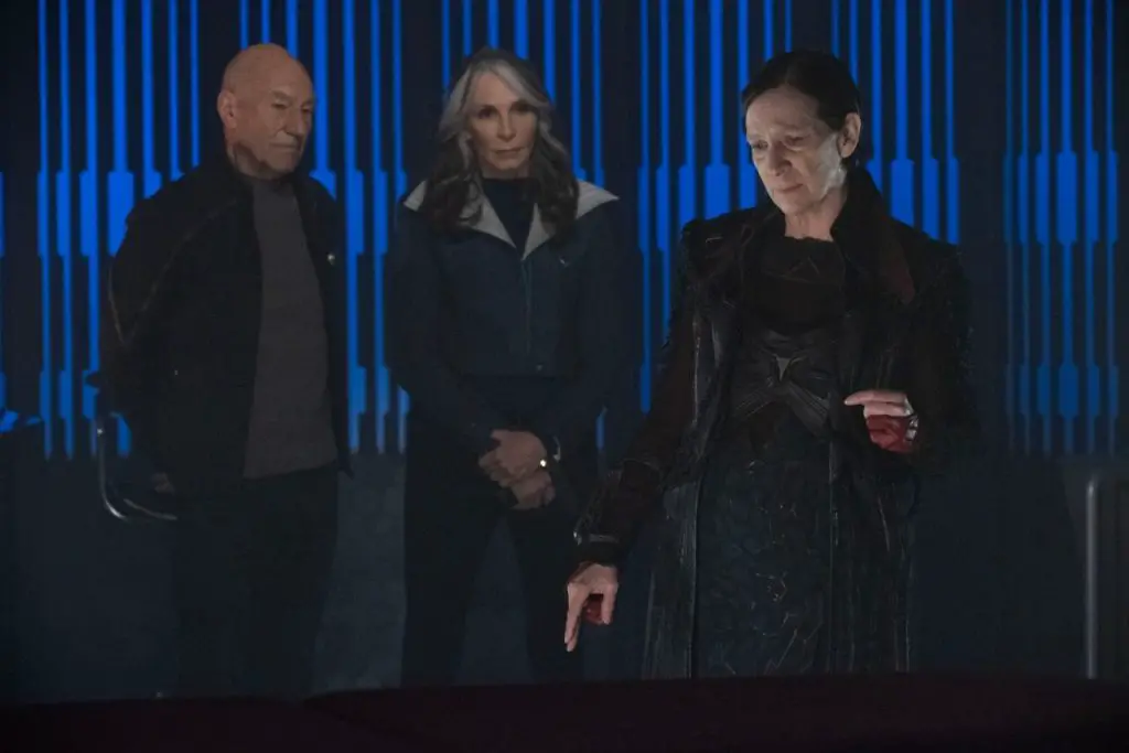 Patrick Stewart as Picard, Gates McFadden as Dr. Beverly Crusher and Amanda Plummer as Vadic