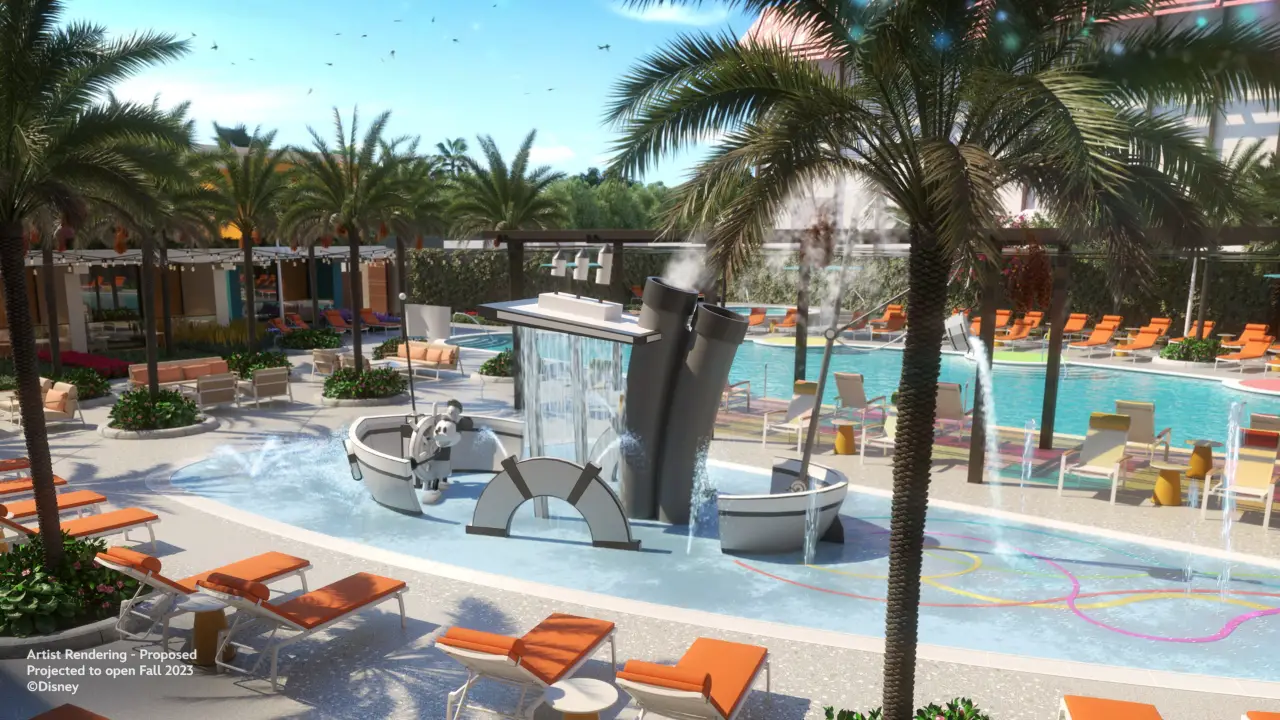 Disney Gives New Look at “Steamboat Willie” Splash Pad The Villas at Disneyland Hotel