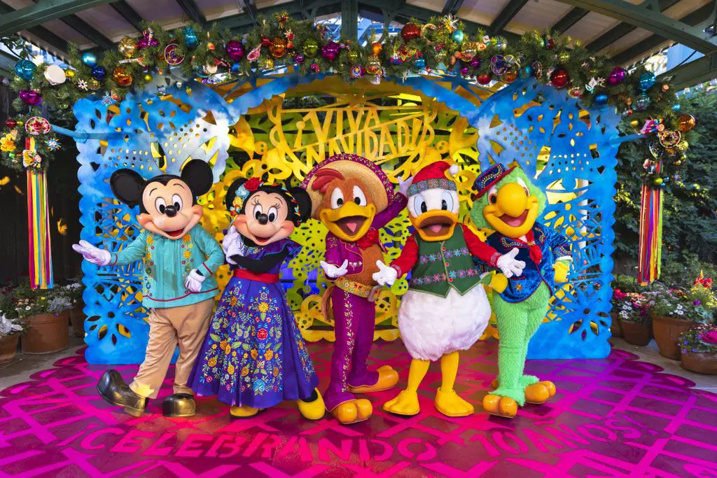 Mickey Mouse, Minnie Mouse and The Three Caballeros debut brand new outfits for the tenth season of Disney ¡Viva Navidad! at Paradise Gardens Park in Disneyland California Adventure Park, Nov. 10, 2023-Jan. 7, 2024. ¡Viva Navidad! is a celebration of friendship and culture, Mexican folklórico dancers and mariachis, Brazilian samba dancers and percussionists, Disney characters and more. (Christian Thompson/Disneyland Resort)  