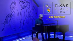 Joe Gardner, From Disney & Pixar’s ‘Soul,’ Brings Lobby to Life With Musical Gifts at Pixar Place Hotel