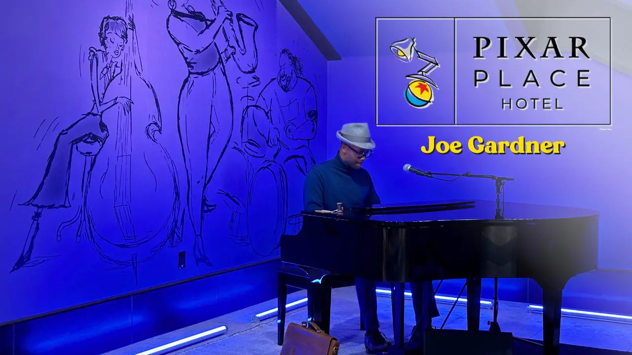 Joe Gardner, From Disney & Pixar’s ‘Soul,’ Brings Lobby to Life With Musical Gifts at Pixar Place Hotel