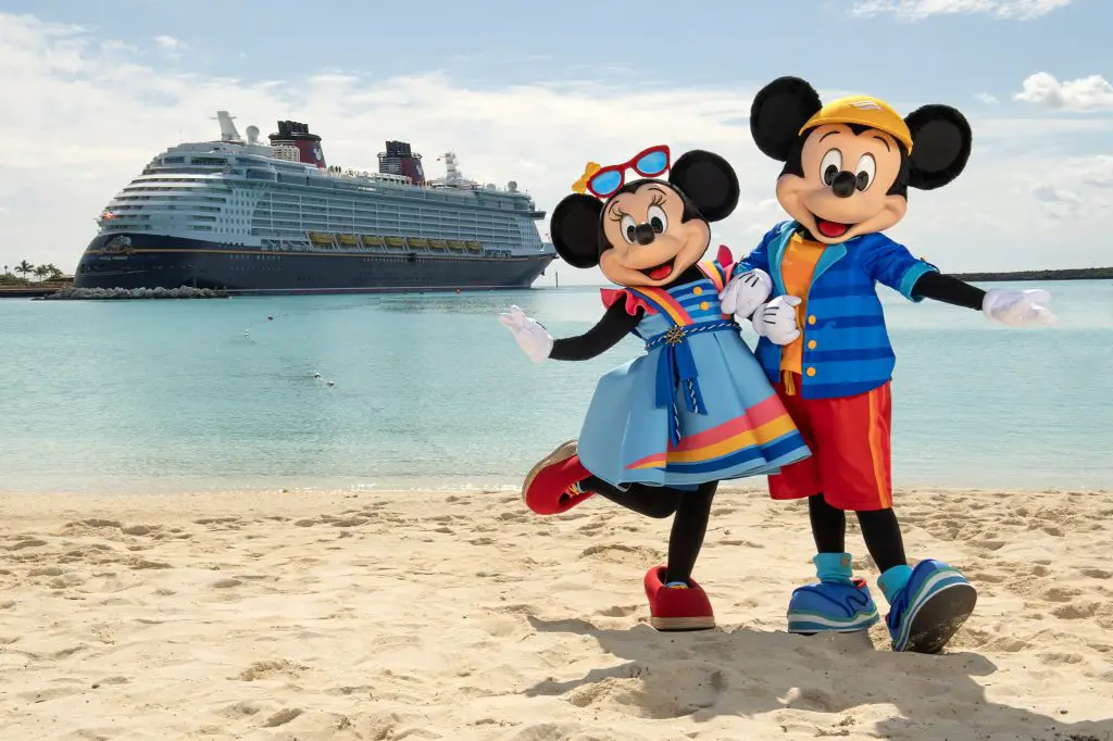 Mickey Mouse and Minnie Mouse show off their new Castaway Cay outfits. 
