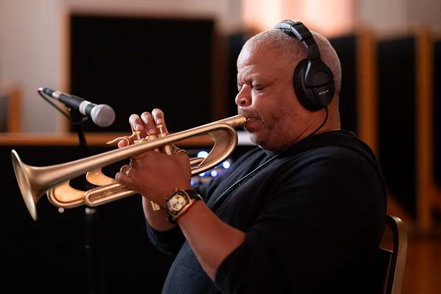 Musician Terence Blanchard recording the Tiana’s Bayou Adventure soundtrack