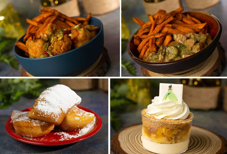 collage of Hot Honey Chicken with Sweet Potato Fries, Shrimp Gumbo with Sweet Potato Fries, Tiana's Famous Beignets and Peach Cobbler