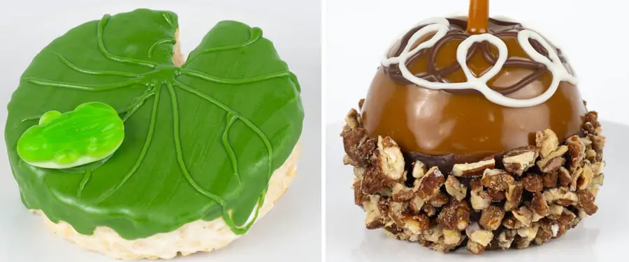 collage of Crisped Rice Cereal Treat Lily Pad and Pecan Praline Caramel Apple
