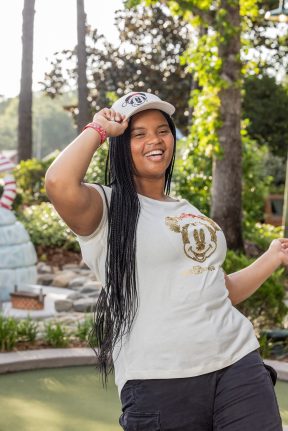 Model wearing Santa Mickey ballcap