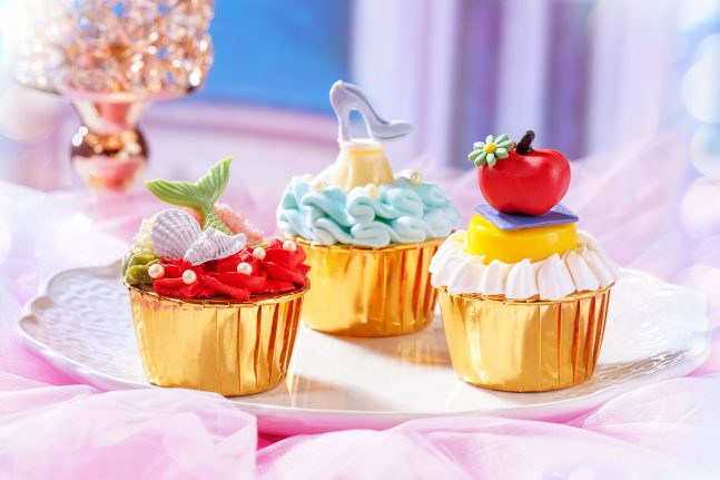 Ariel-themed Raspberry Pistachio Cupcake; Cinderella-themed Bergamot Chocolate Cupcake; Snow White-themed Mango Apple Cupcake 
