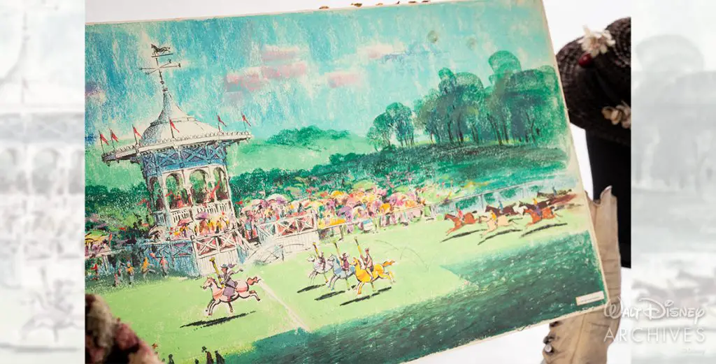 Pictured is a colorful pastel drawing showcasing a country scene and horse race. At the left of the drawing is a white structure with spectators watching as racers are seen riding on their horses. Mary Poppins leads the race, riding a pink-colored carousel horse with the Banks children and Bert following behind her.