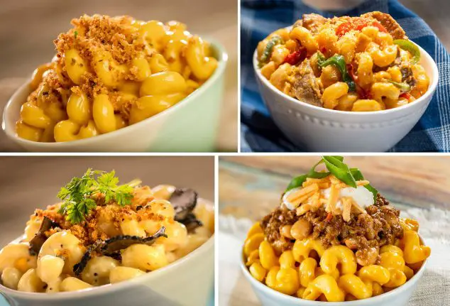 Traditional Macaroni and Cheese; Cheesesteak Macaroni and Cheese; Truffle Macaroni and Cheese; IMPOSSIBLE Chili Macaroni and Cheese 