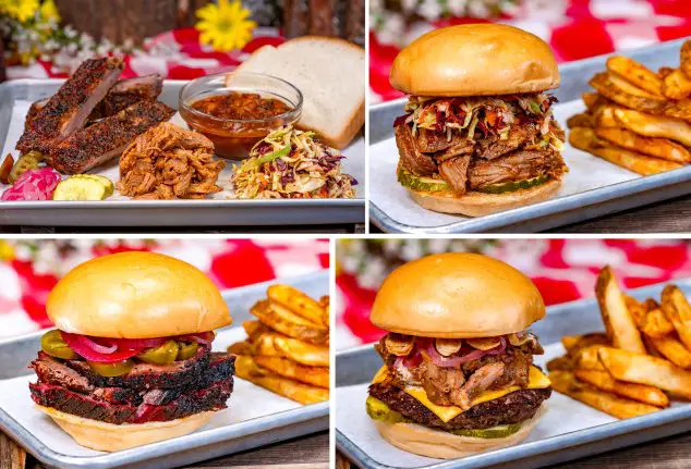 Smoked Barbecue Combo Platter; Barbecue Pulled Pork Sandwich; Smoked Beef Brisket Sandwich; Smoked Angus Beef Burger