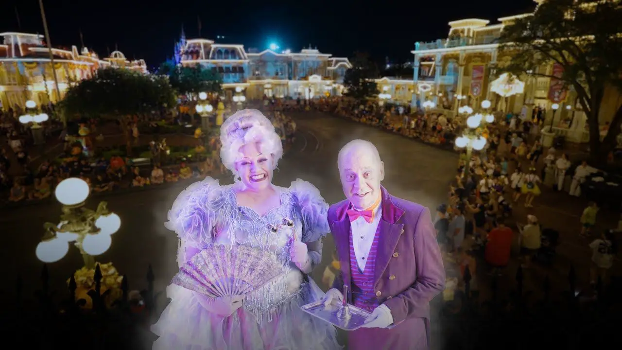 Haunted Mansion Ghosts Madame Carlotta and Butler Broome Watch Mickey’s Not-So-Scary Halloween Party Parade