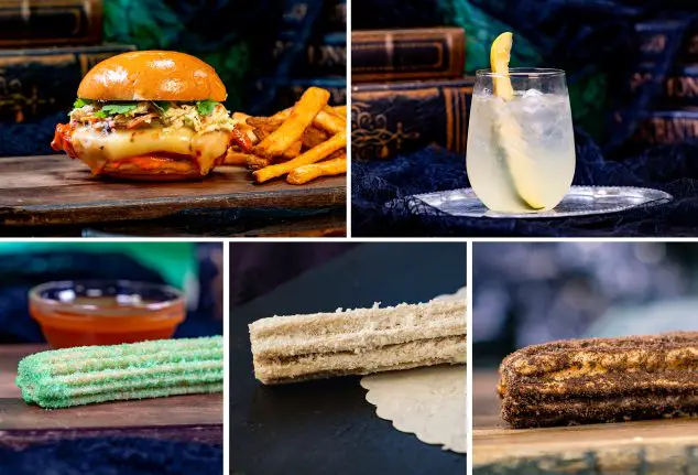 Spicy Chicken Sandwich; Spiked Pickle Lemonade; Green Apple Churro with Caramel Sauce; Bride Churro; Groom Churro