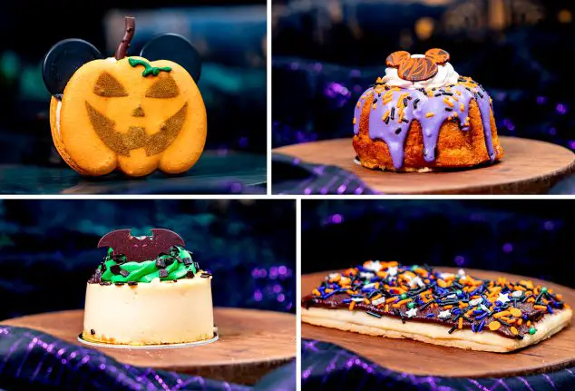 Jack-O'-Lantern Mickey Pumpkin Macaron; Spiced Bundt Cake; Caramel Apple Cheesecake; Hazelnut Brownie Tart with Chocolate Frosting