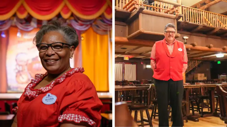 Gloria and Mark smile inside Hoop-Dee-Doo Musical Revue