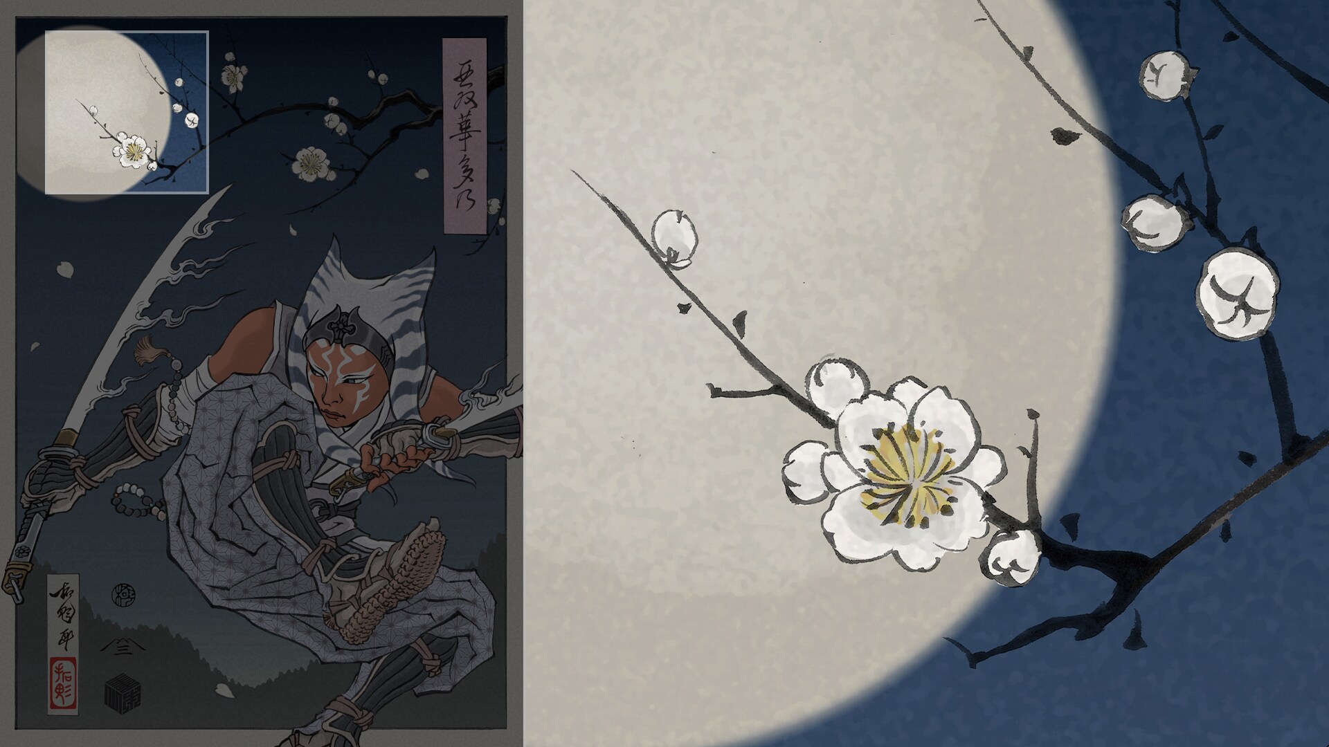 Up close, the moon and flowers in the Ahsoka Tano's Star Wars Celebration Japan Badge Art by TAKUMI.