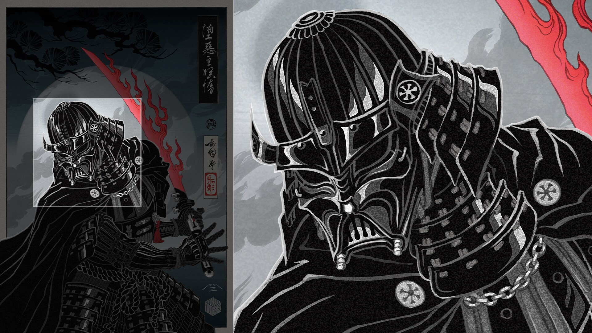 Up close, Darth Vader's helmet in Darth Vader's Star Wars Celebration Japan Badge Art by TAKUMI.