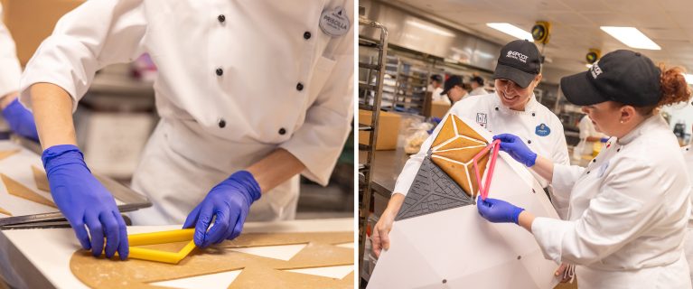 Cast members creating Gingerbread Spaceship Earth at EPCOT