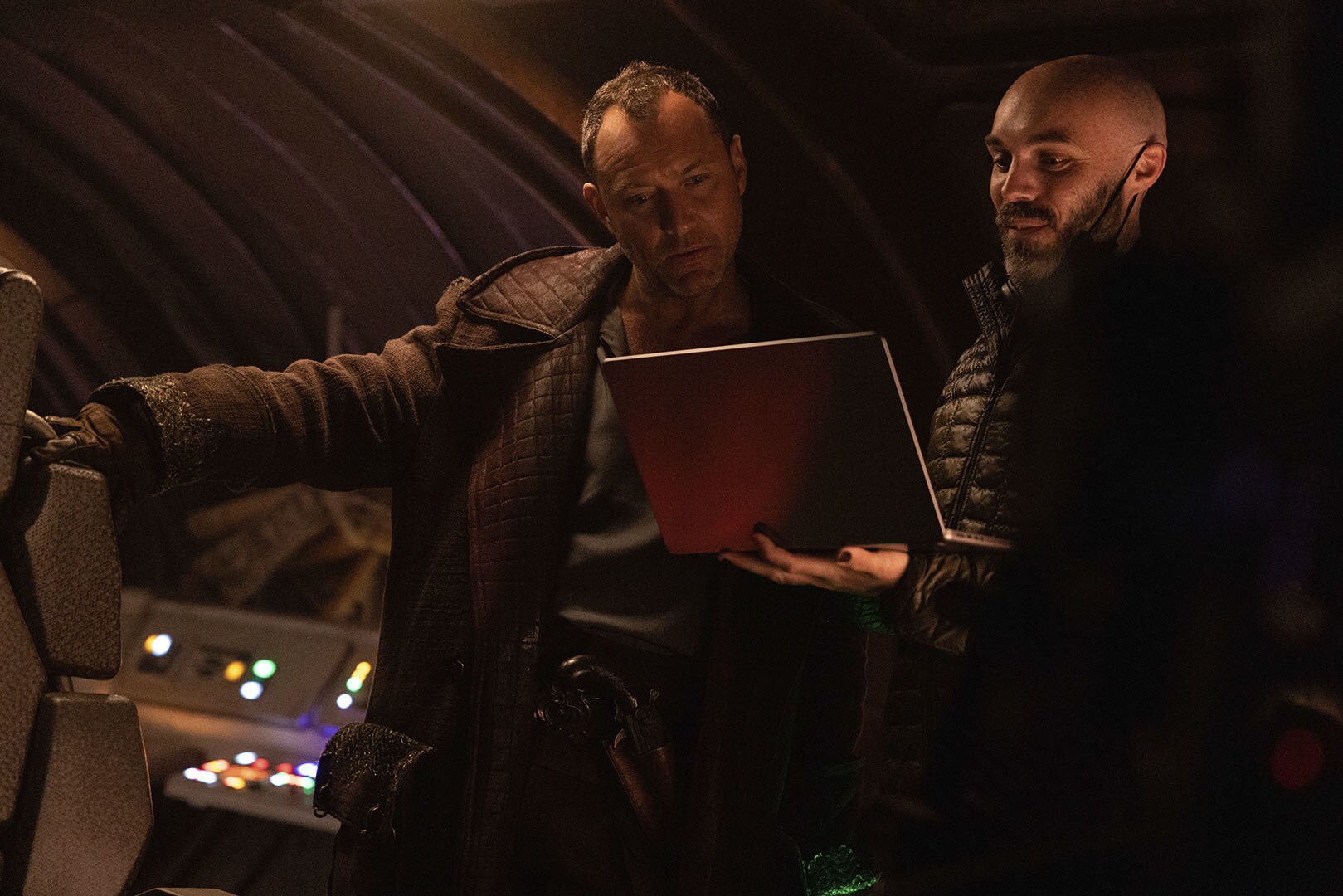 (L-R) Jude Law and David Lowery on the set of Star Wars: Skeleton Crew.