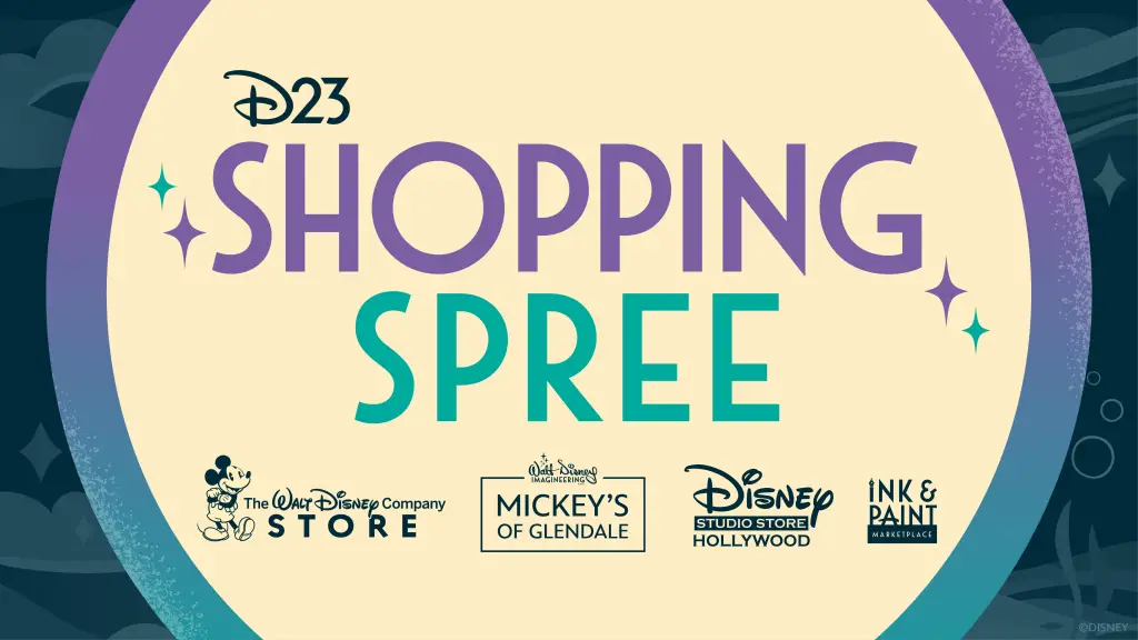 A colorful promotional image for the D23 Shopping Spree at Destination D23. In the center of the image is “Shopping Spree” in purple and teal on a tan circular background. The text is sandwiched between a black D23 logo, and the logos of The Walt Disney Company Store, Mickey’s of Glendale, Studio Store Hollywood, and the Ink & Paint Marketplace. The background of the image is a dark teal with gray-blue iconography of clouds, sparks, and waves.