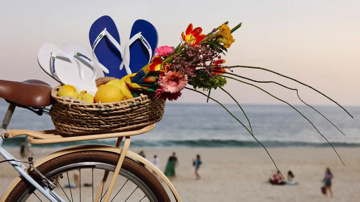 Close up shot of two pairs of flip flops accompanied by florals and fruit in a bicycle basket sitting in front of a beach.