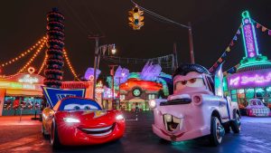 Lightning McQueen and Tow Maters in Cars Land at Disney California Adventure in Halloween Costumes.