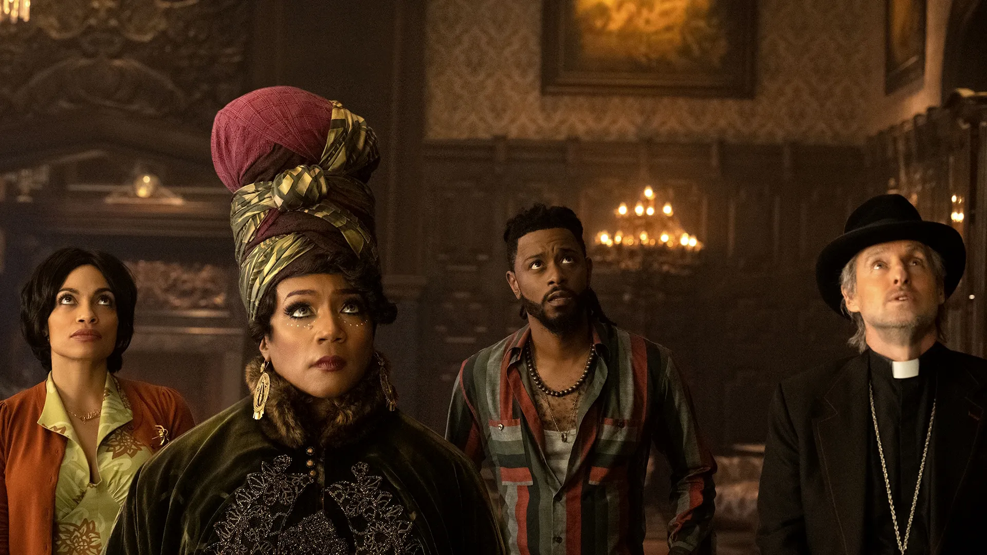LaKeith Stanfield, Tiffany Haddish, Owen Wilson, Danny DeVito, Rosario Dawson, and Jamie Lee Curtis in Haunted Mansion, Disney
