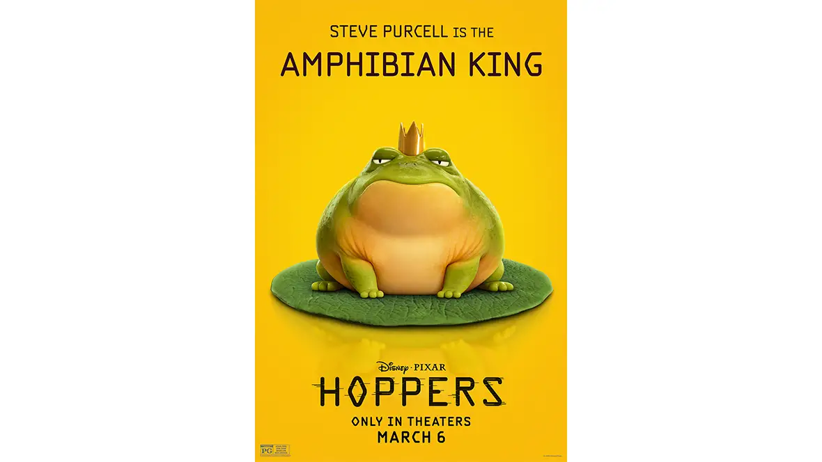 A promotional image of the Amphibian King (voiced by Steve Purcell) for Disney and Pixar’s Hoppers. The film’s logo, as well as the Disney and Pixar logo and the film’s release date, are seen below the character image.
