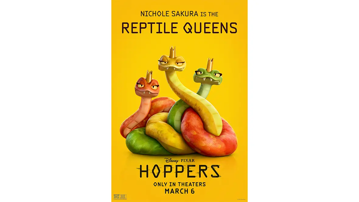 A promotional image of the Reptile Queens (voiced by Nichole Sakura) for Disney and Pixar’s Hoppers. The three reptiles are intertwined with each other; one is red, one is yellow, and one is green. The film’s logo, as well as the Disney and Pixar logo and the film’s release date, are seen below the character image.