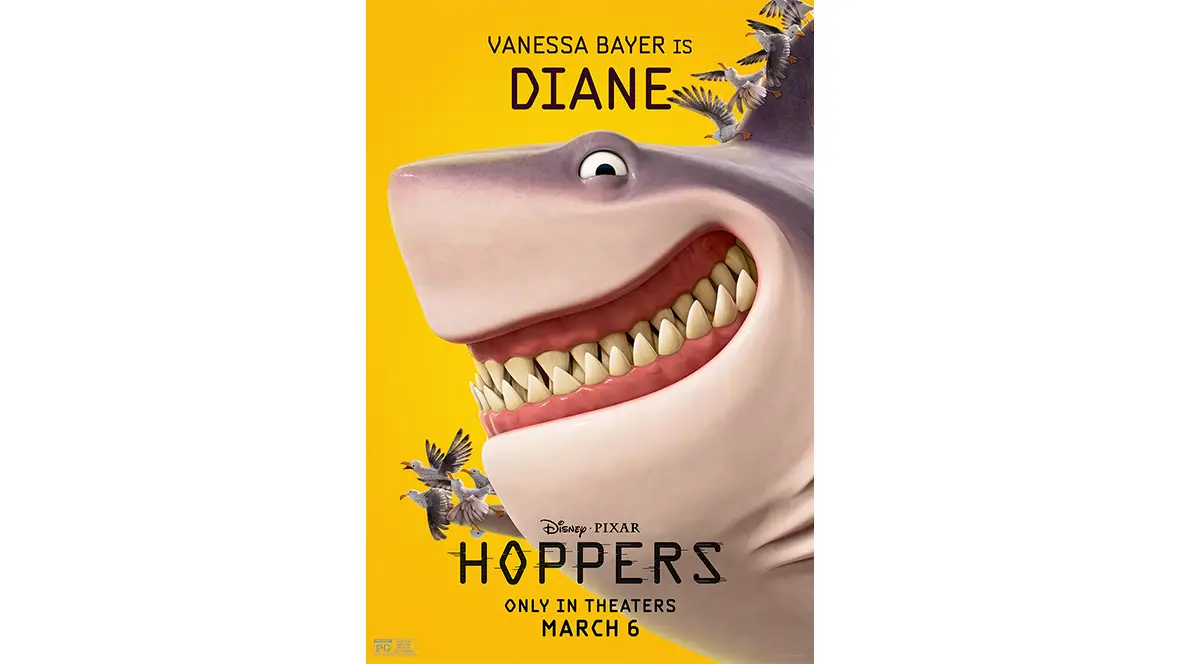 A promotional image of Diane the shark (voiced by Vanessa Bayer) for Disney and Pixar’s Hoppers. She is seen in profile and is smiling wide at the camera; several seagulls are seen perched along one of her pectoral fins and her dorsal fin. The film’s logo, as well as the Disney and Pixar logo and the film’s release date, are seen below the character image.
