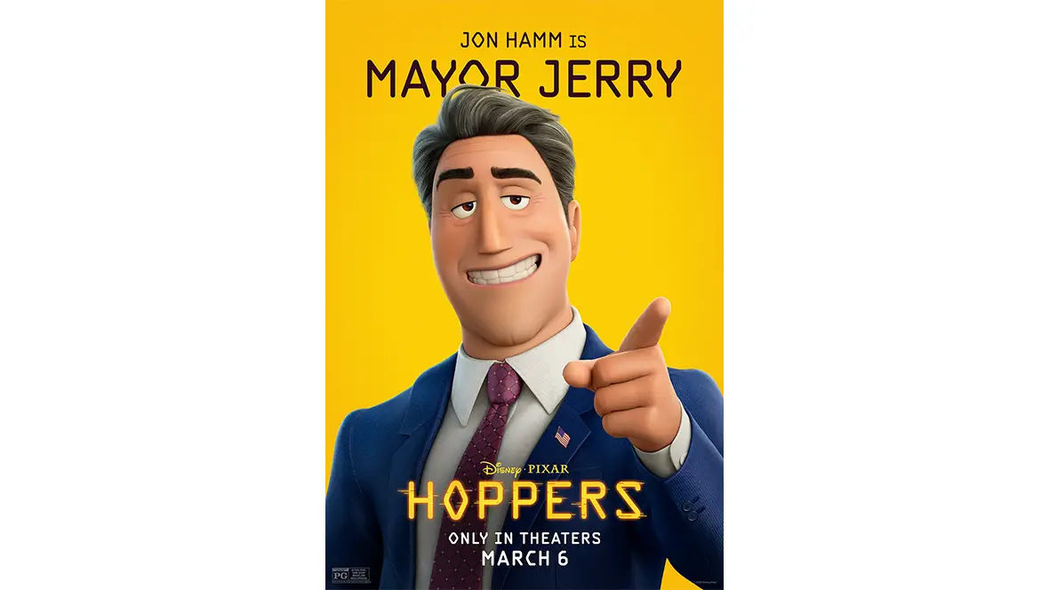 A promotional image of Mayor Jerry Generazzo (voiced by Jon Hamm) for Disney and Pixar’s Hoppers. He is smiling and pointing at the camera. The film’s logo, as well as the Disney and Pixar logo and the film’s release date, are seen below the character image.