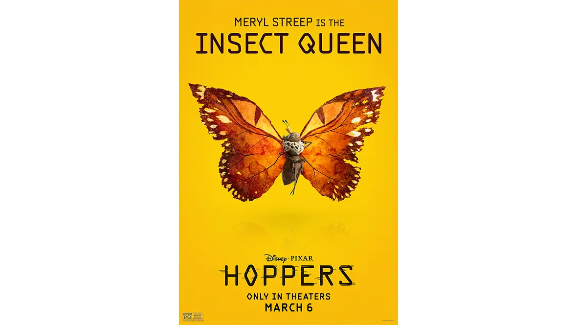 A promotional image of the Insect Queen (voiced by Meryl Streep) for Disney and Pixar’s Hoppers. She has large reddish-brown wings. The film’s logo, as well as the Disney and Pixar logo and the film’s release date, are seen below the character image. Insect Queen (voiced by Meryl Streep)