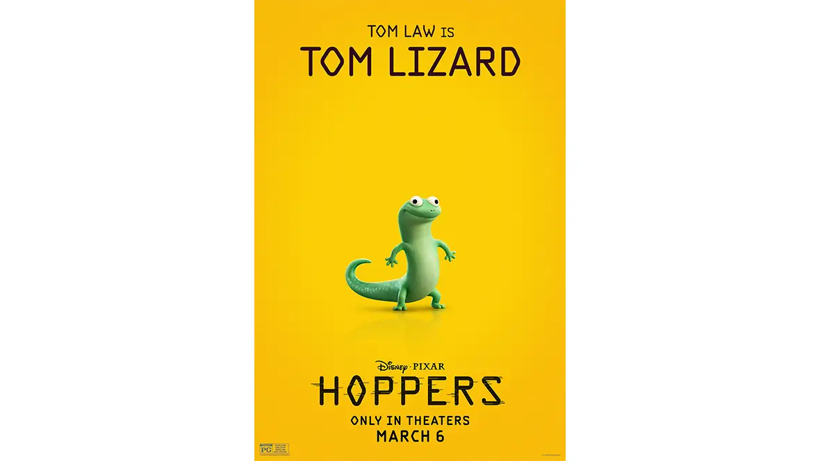 A promotional image of Tom Lizard (voiced by Tom Law) for Disney and Pixar’s Hoppers. The film’s logo, as well as the Disney and Pixar logo and the film’s release date, are seen below the character image.