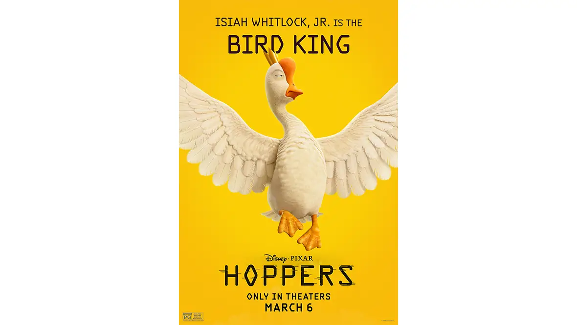 A promotional image of the Bird King (voiced by Isiah Whitlock Jr.) for Disney and Pixar’s Hoppers. The film’s logo, as well as the Disney and Pixar logo and the film’s release date, are seen below the character image.