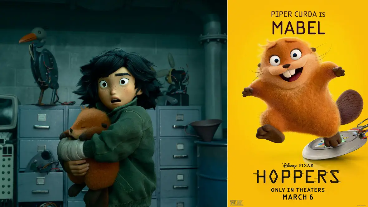 Two side-by-side images from Disney and Pixar’s Hoppers: On the left, an image of Mabel (voiced by Piper Curda), inside a laboratory, holding a robotic beaver, with a worried look on her face. On the right, a promotional image Mabel Beaver in her animal-world form, smiling at the camera. The film’s logo, as well as the Disney and Pixar logo and the film’s release date, are seen below the character image.