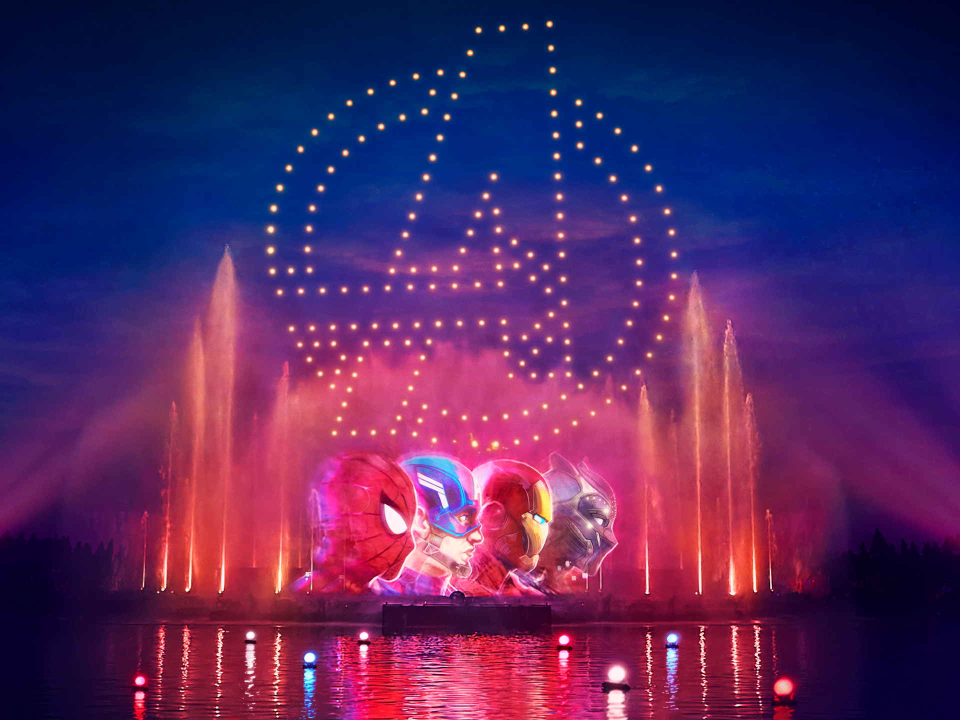 Super Hero Characters During Disney Cascade of Lights at Disneyland Paris