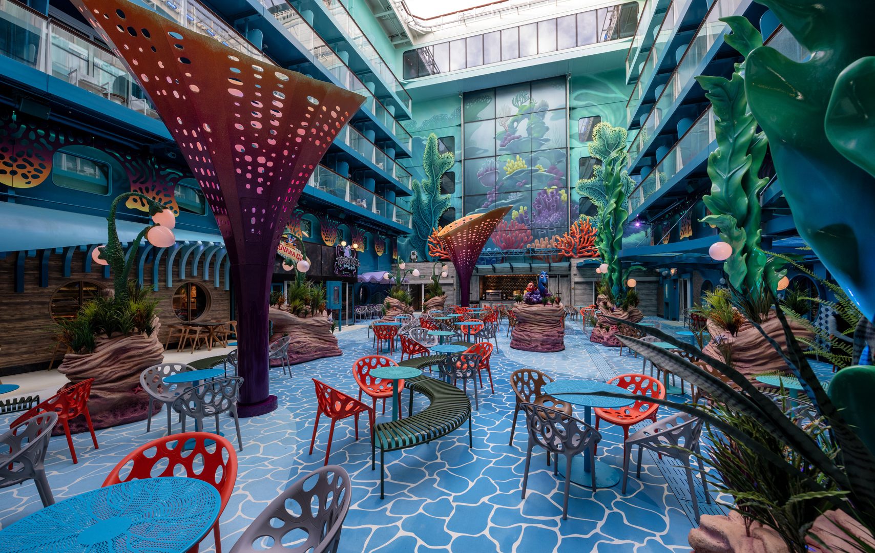 Disney Discovery Reef is an ethereal and ever-changing retreat on the Disney Adventure features favorite aquatic characters and nautical stories from Disney, including "The Little Mermaid" and "Lilo & Stitch," as well as Pixar films "Finding Nemo" and "Luca."