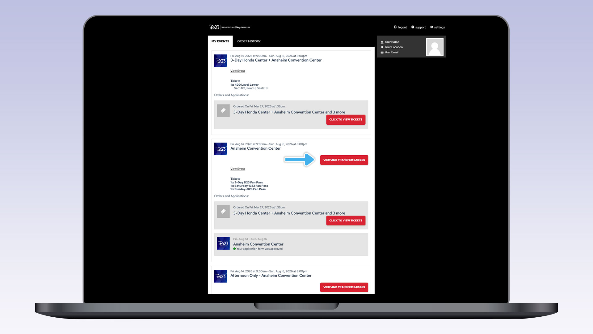 A laptop screen showing the “MY EVENTS” webpage from D23. Multiple event ticket blocks display, with buttons reading “CLICK TO VIEW TICKETS” and “VIEW AND TRANSFER BADGES.” A blue arrow points to the “VIEW AND TRANSFER BADGES” button for the Anaheim Convention Center event.