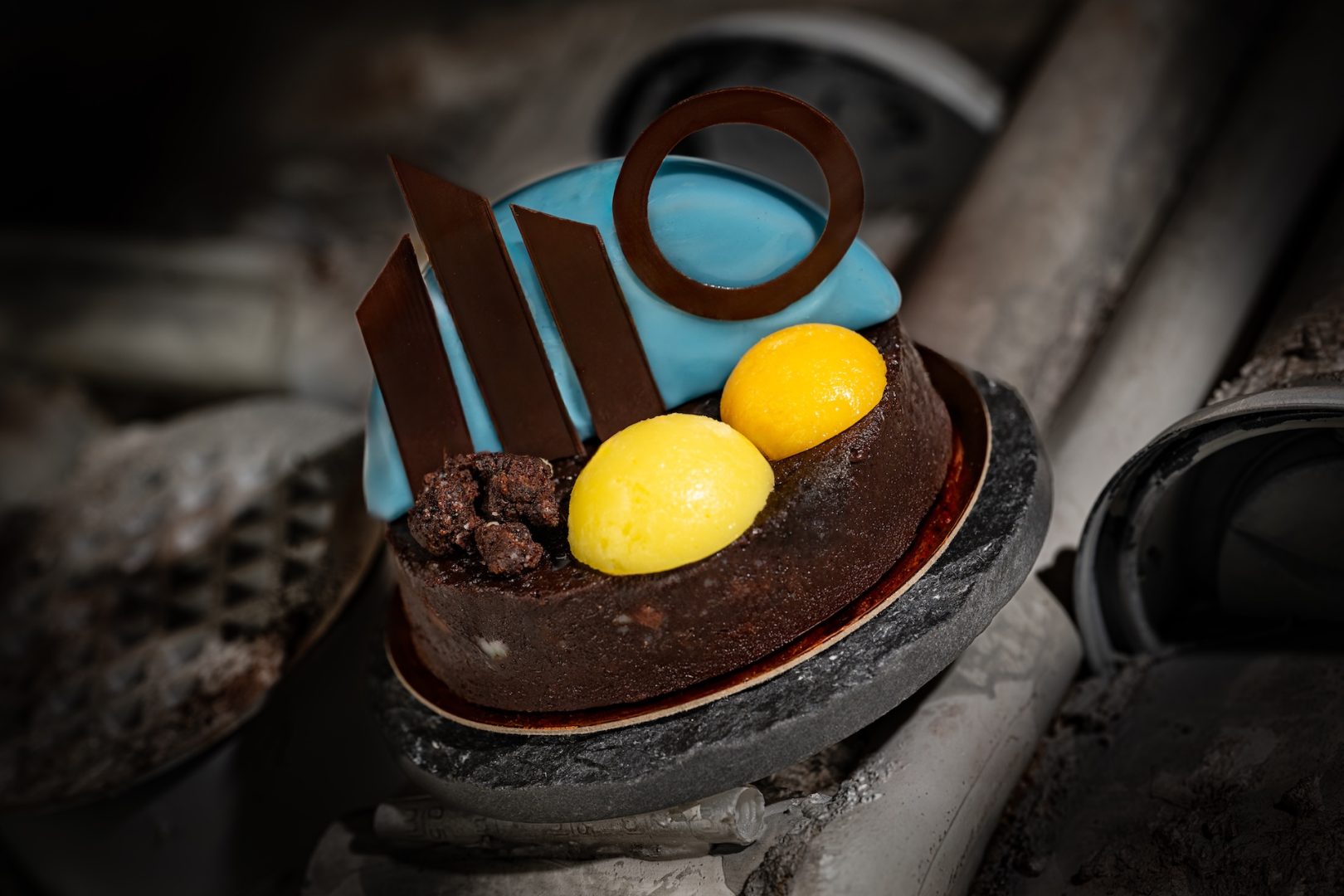 Bright Suns Chocolate Mousse: Milk chocolate mousse, lemon curd, tangerine, and brown butter cake (New)