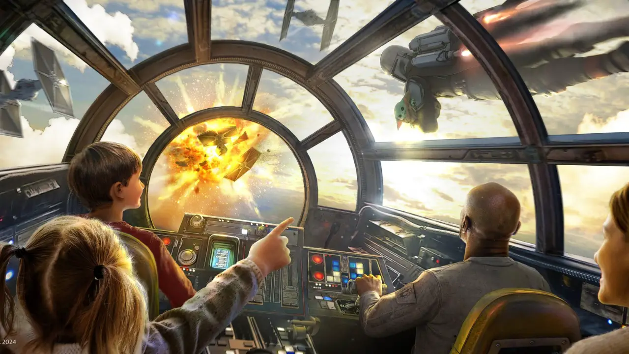 Disney Reveals New Poster for Millennium Falcon: Smugglers Run with the Mandalorian and Grogu