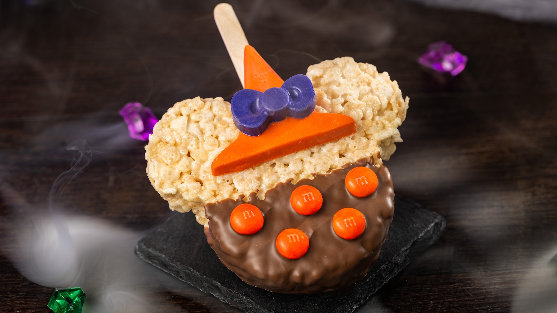 Minnie Witch Cereal Treat with M&M’S Milk Chocolate Candies: Crisped rice cereal treat with milk chocolatey coating, M&M
