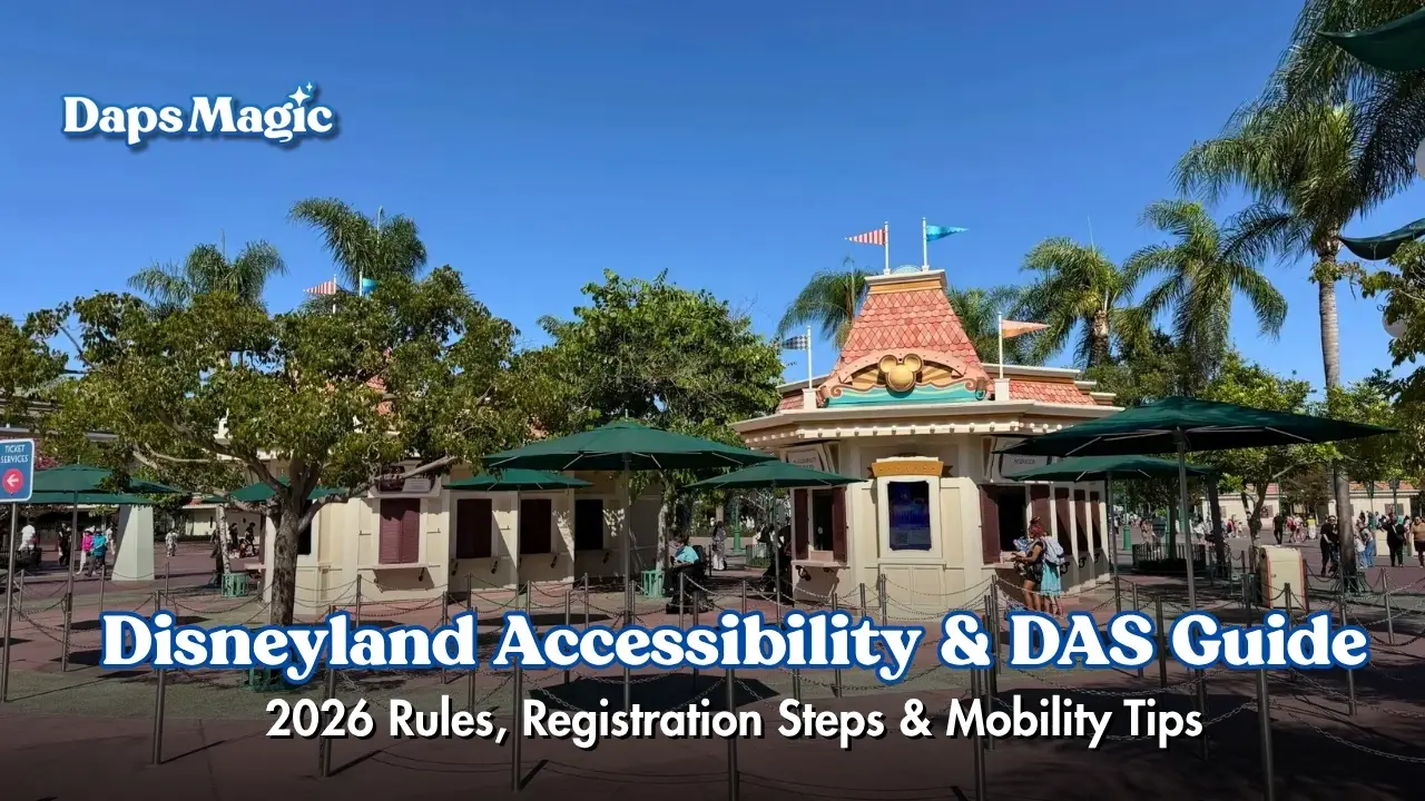 Disneyland Resort main entrance and accessibility services booth for Daps Magic accessibility guide