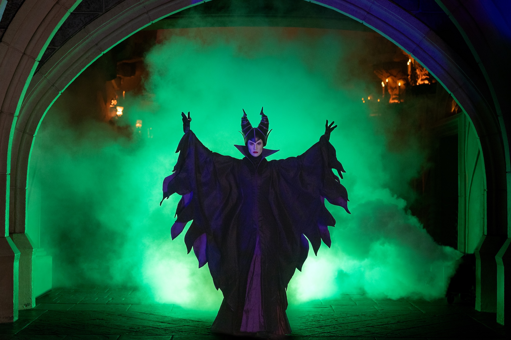 A bewitching scene at the foot of Sleeping Beauty Castle